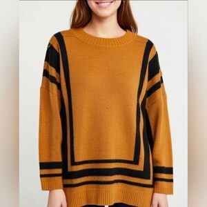 Cliche Tan Black Striped Geometric Sweater Oversized Crewneck Knit Pullover